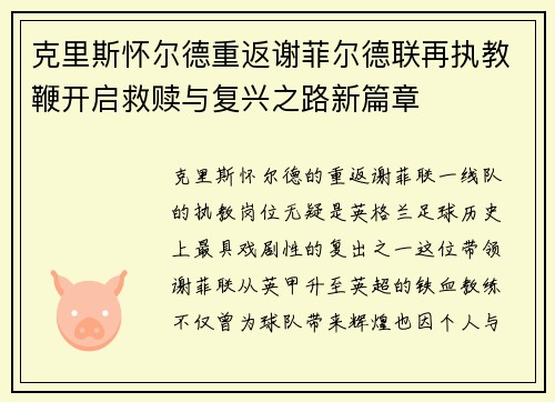 克里斯怀尔德重返谢菲尔德联再执教鞭开启救赎与复兴之路新篇章
